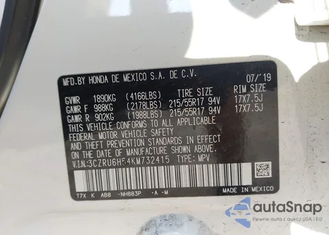 2019 Honda Hr-V Ex from USA, damaged, VIN 3CZRU6H54KM732415